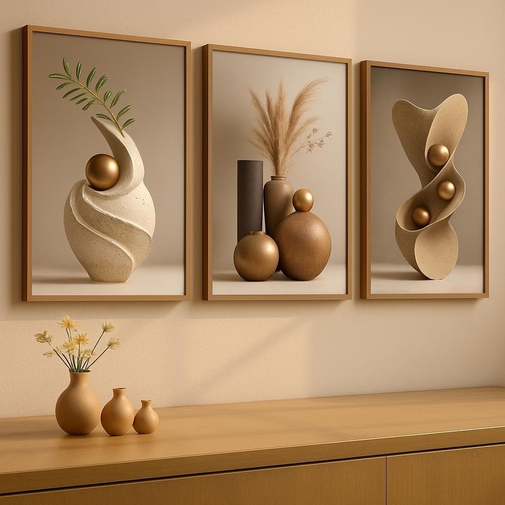 Quadro Decorativo 3 Peças Trio Abstrato Geométrico Moderno Escultura Dourada Luxo Sala