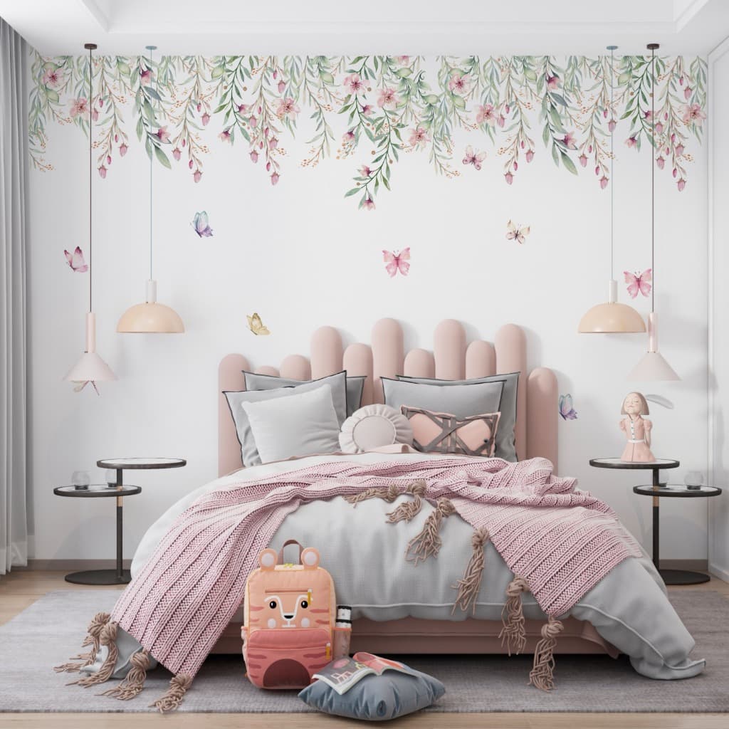 Adesivo de Parede Infantil Cascata flores e borboletas (Decoração) sem fundo 2x48 - Algidecor