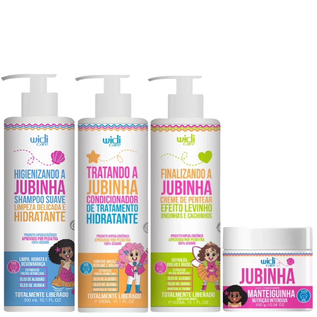 Kit Jubinha Shampoo Infantil Condicionador Creme de Pentear Gelatina Cabelo Cacheado Widi Care