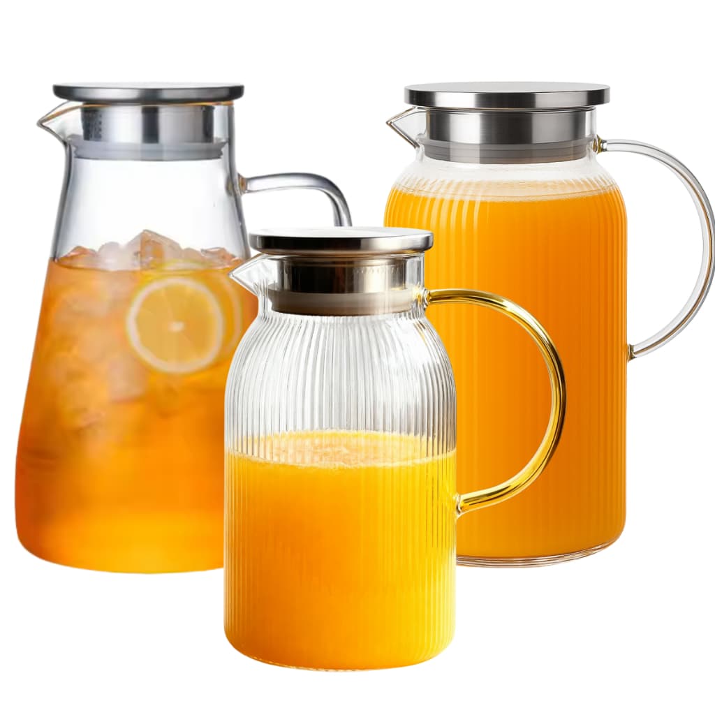 Jarra De Vidro Borossilicato Canelada Com Tampa Aço Inox 1,6L Suco Água Buffet Bar Restaurante