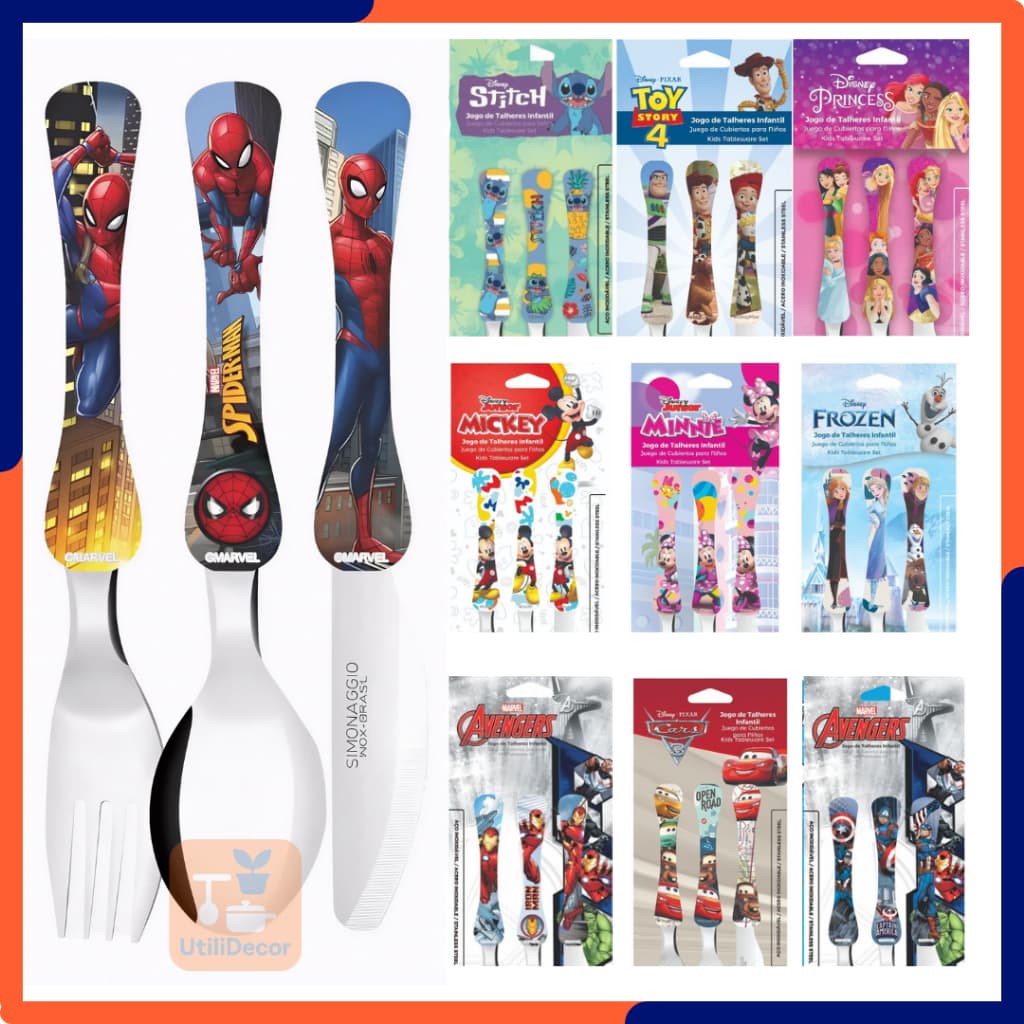 Kit Talheres infaltil jogo 3 Peças conjunto colher garfo faca inox divertido menino menina decorado