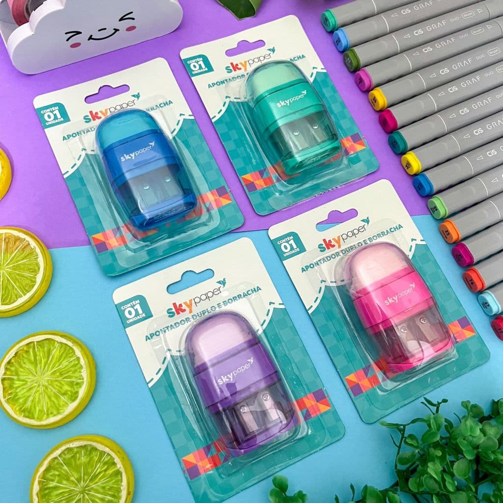 Apontador Duplo com Depósito + Borracha | Apontador com Borracha 2 em 1 Colorido - Skypaper