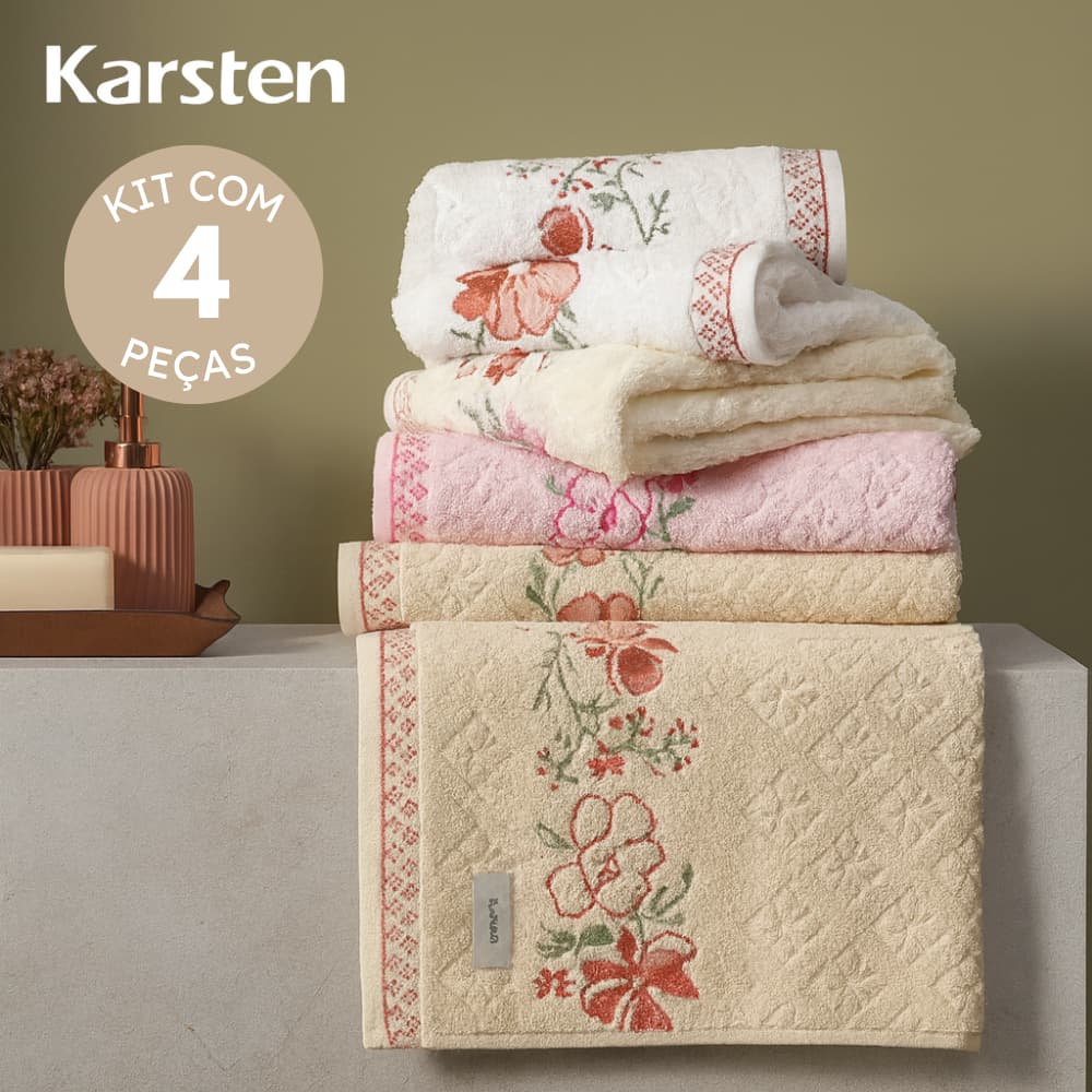 Jogo De Toalha Karsten Banho e Rosto 4 Peças Yuna 100% Algodão Ótima Absorção Felpuda e Macia