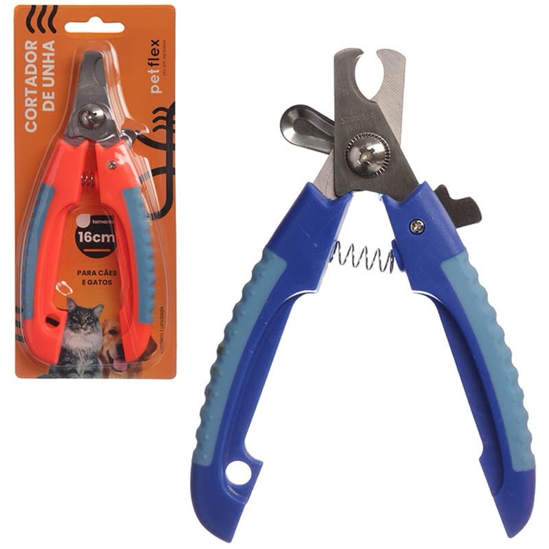 ALICATE CORTADOR DE UNHA PARA PET 16CM PETFLEX COR AZUL E PRATA