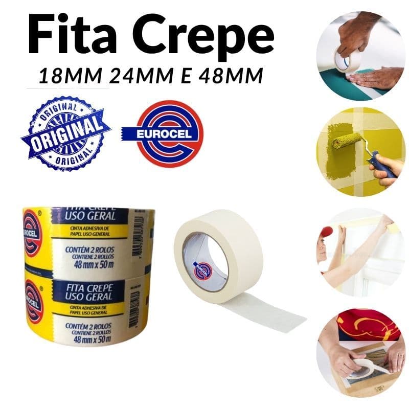 Fita Crepe Eurocell ORIGINAL 50m – 18mm 24mm 48mm | Uso Doméstico e Pintura | 1 a 3 Unidades