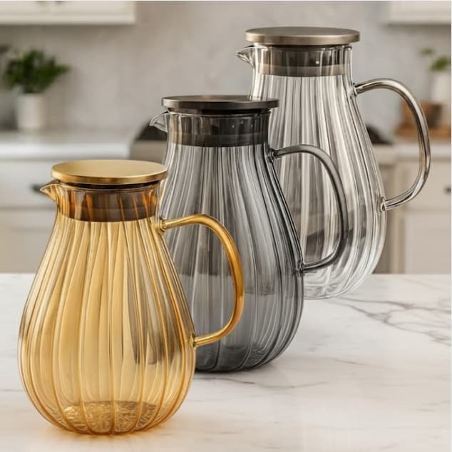 Jarra de Vidro Luxo 1,8L Borossilicato e Com Tampa Aço Inox Cozinha Suco Água Cores Variadas