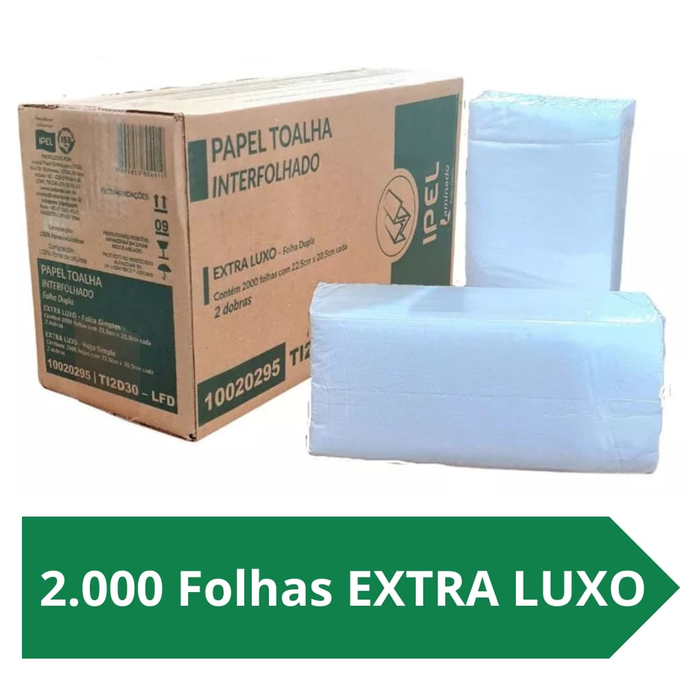 Papel Toalha Interfolha Secar Mãos 22,5cm x 20,5cm Folha Dupla e Simples Ipel Caixa 2000 100% Celulose Interfolhado Luxo