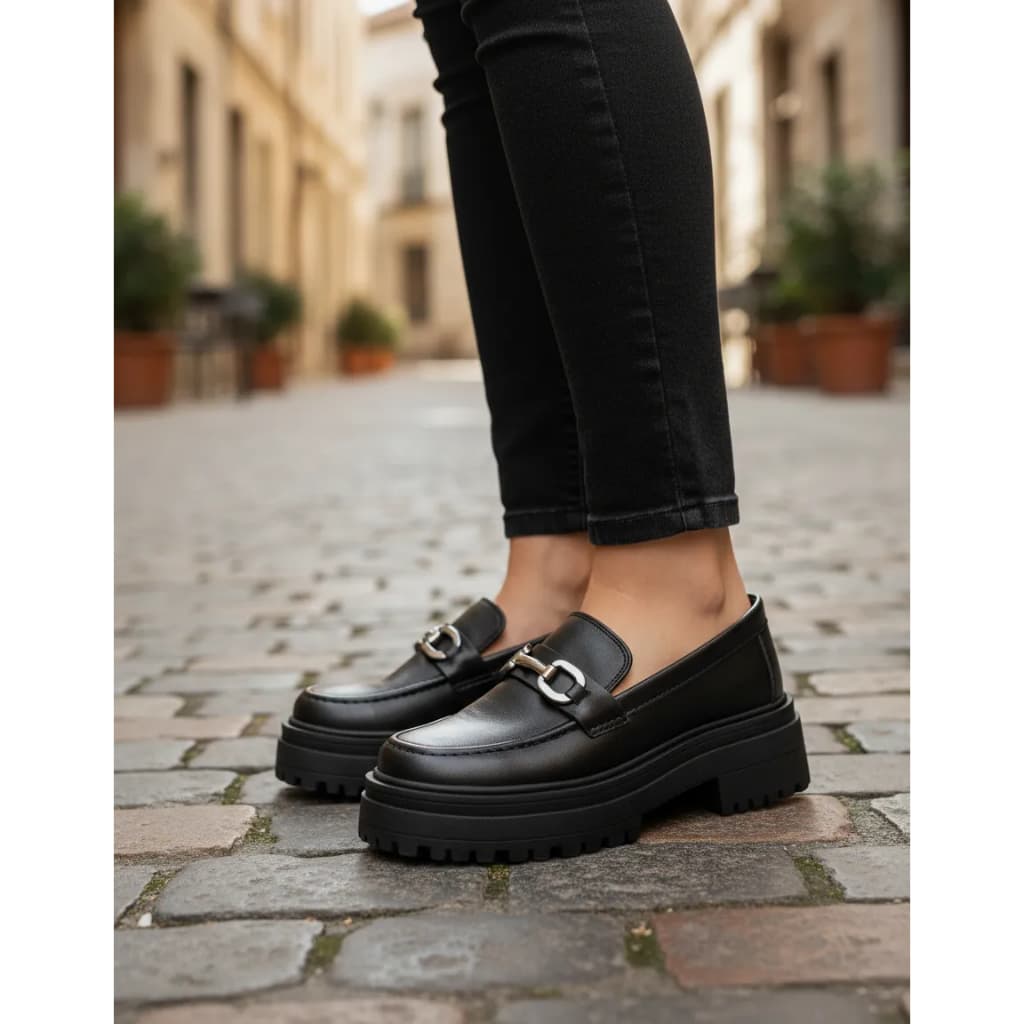 Mocassim Feminino Tratorado Oxford Plataforma Blogueira Metal Corrente