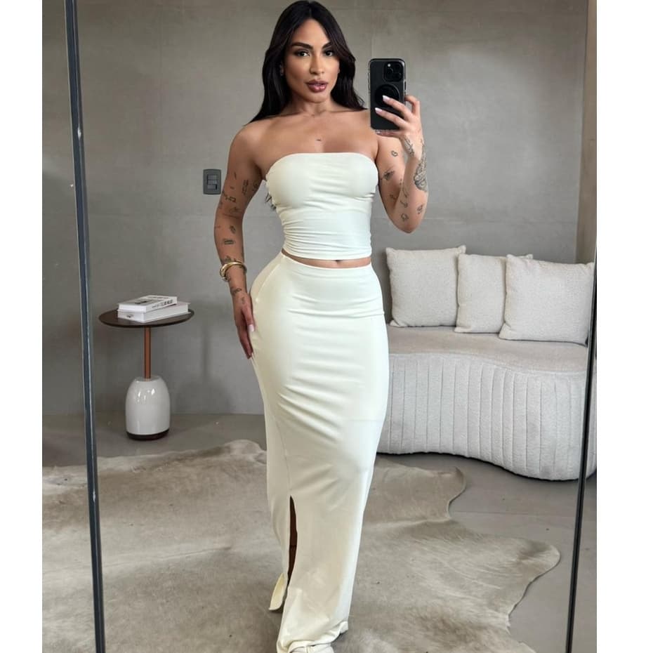Conjunto Cropped Tomara que Caia + Saia Midi Fenda