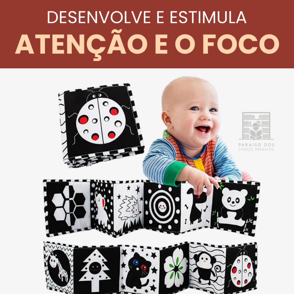 Livro Alto Contraste para Bebês Escolinha Montessori | Macio Preto Branco Sensorial Pano Acartonado Desenvolve Visão