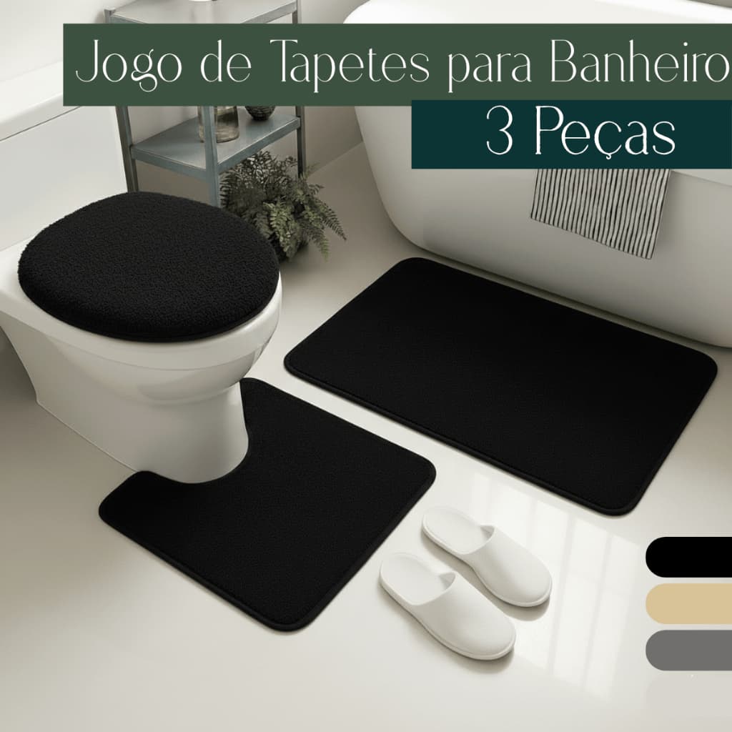 Conjunto Banheiro 3 Peças Tapete Preto Jogo Banheiro - Diversas Cores