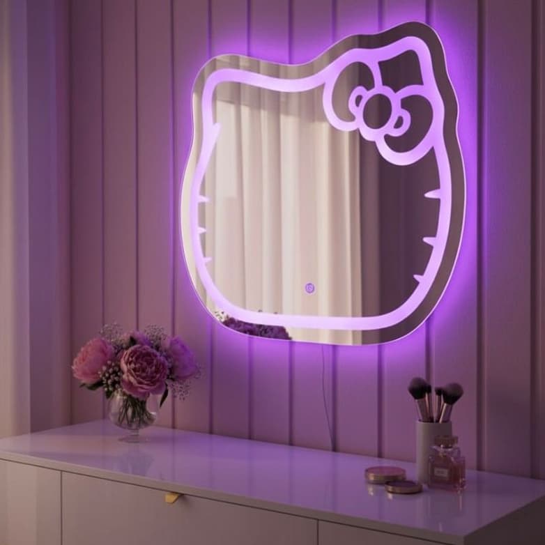 Espelho Infantil LED Gatinho Hello Kitty 70x65cm Touch 3 Cores Rosa Branco Amarelo