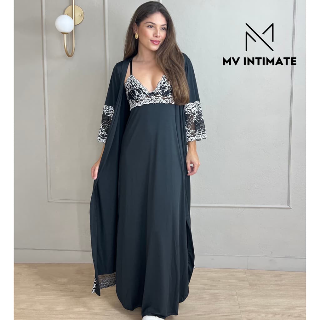 Kit de Robe e Camisola LONGOS sem Bojo de Microfibra Light Bicolor