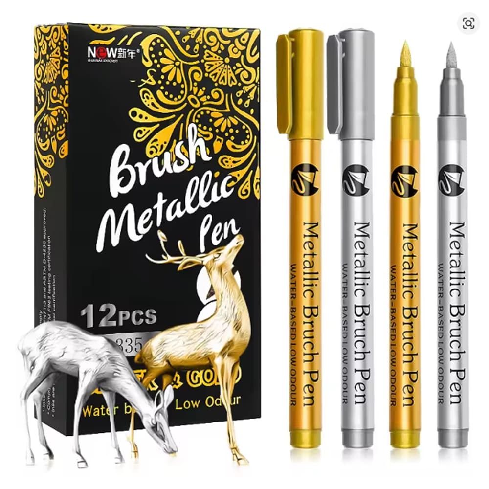 Kit 1/3/6/12 Canetas Metálicas Ponta Brush Pincel Marcador Permanente Prata e Dourado Tinta Óleo