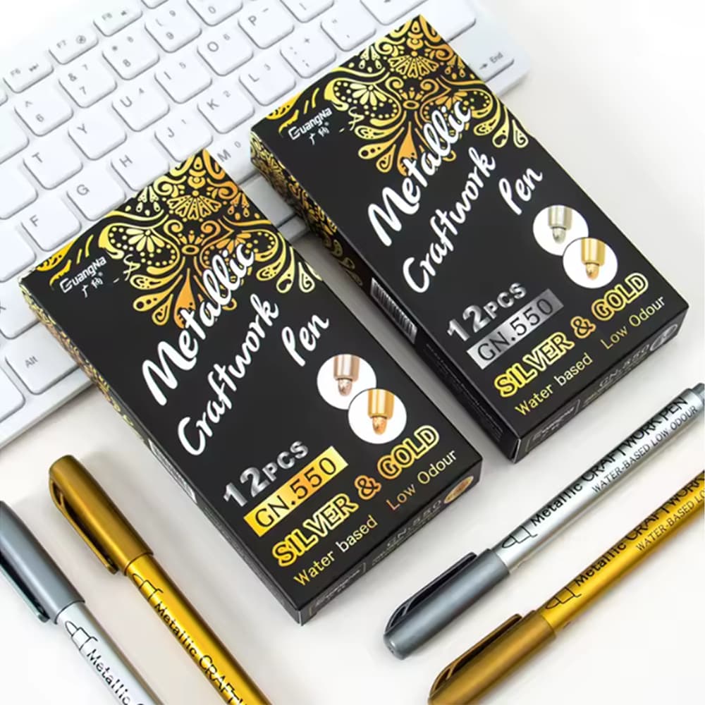 KIT Caneta Metálica Dourada/Prateada 12 Peças Ponta Brush Pincel Marcador Permanente Tinta à Óleo
