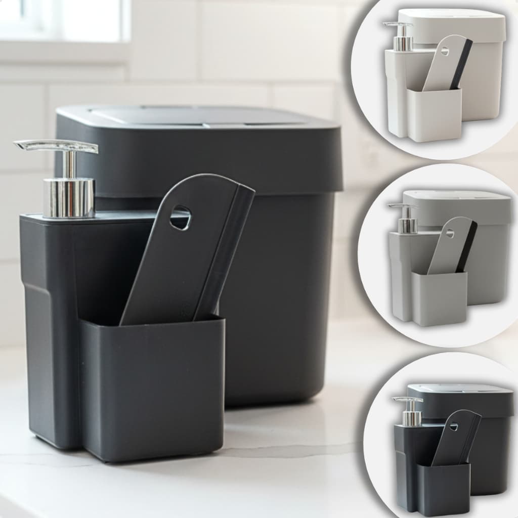 Kit Lixeira Pia De Cozinha 4 Litros E Dispenser Porta Deterente Sabão Bucha Luxo Pequena Kit Organizador Pia Lixeirinha