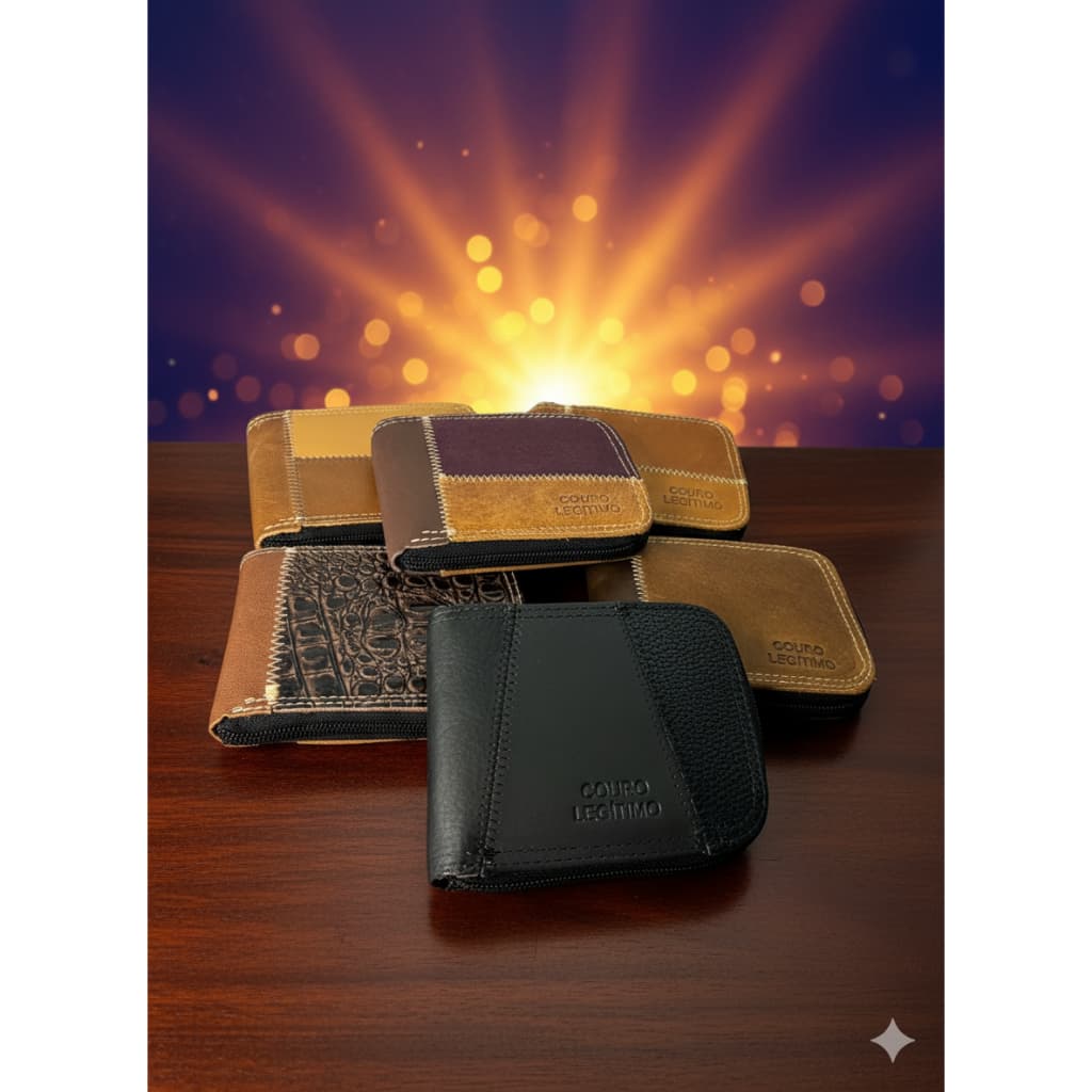 Kit 2 Carteira Couro Retalho Fecho Ziper Cabe Dinheiro RG Cartoes Plastico Interno com porta moedas