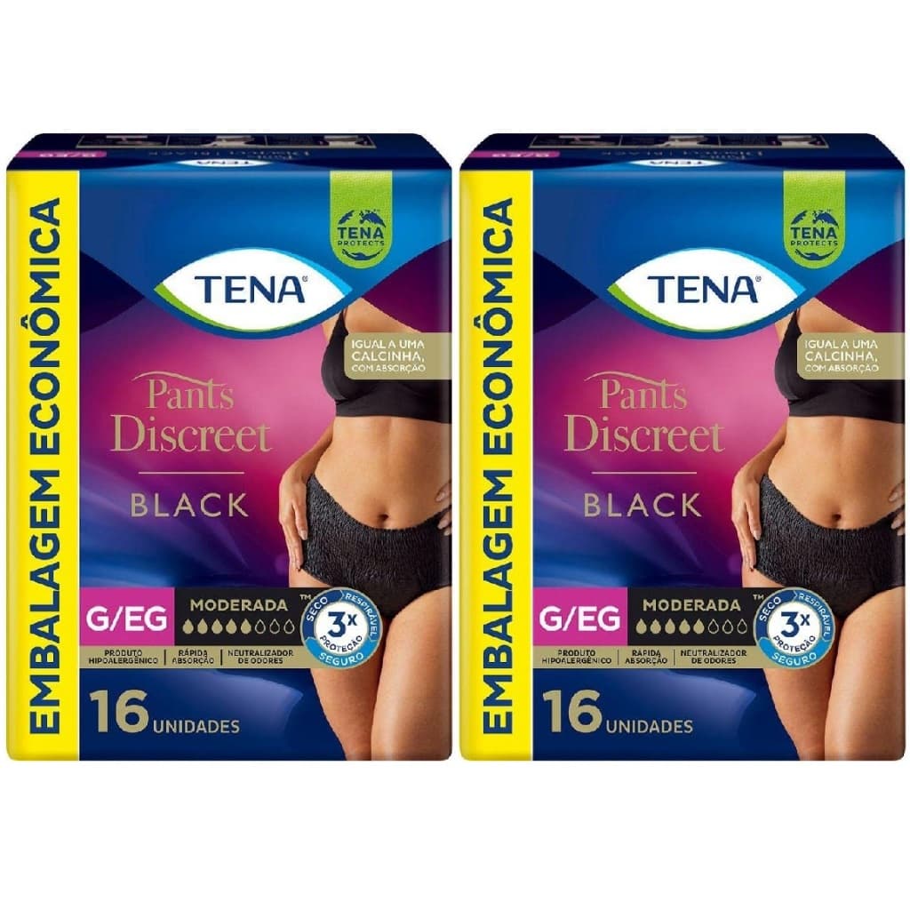 Kit 2ptes TENA Pants Discreet Calcinha Descartável PRETA G/EG - 16un cada - Total 32un