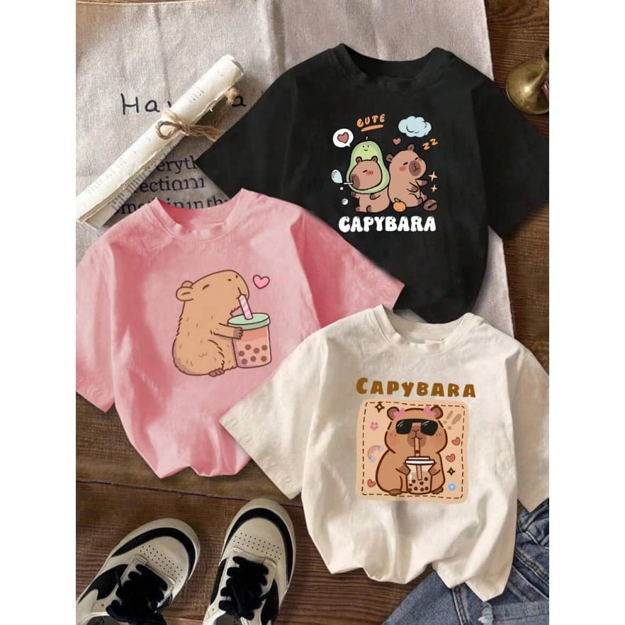 kit 3 Camiseta Infantil Menina Capybara Blusinhas Estampadas Tsirt Básica Minimalista Varias Cores Baratinho