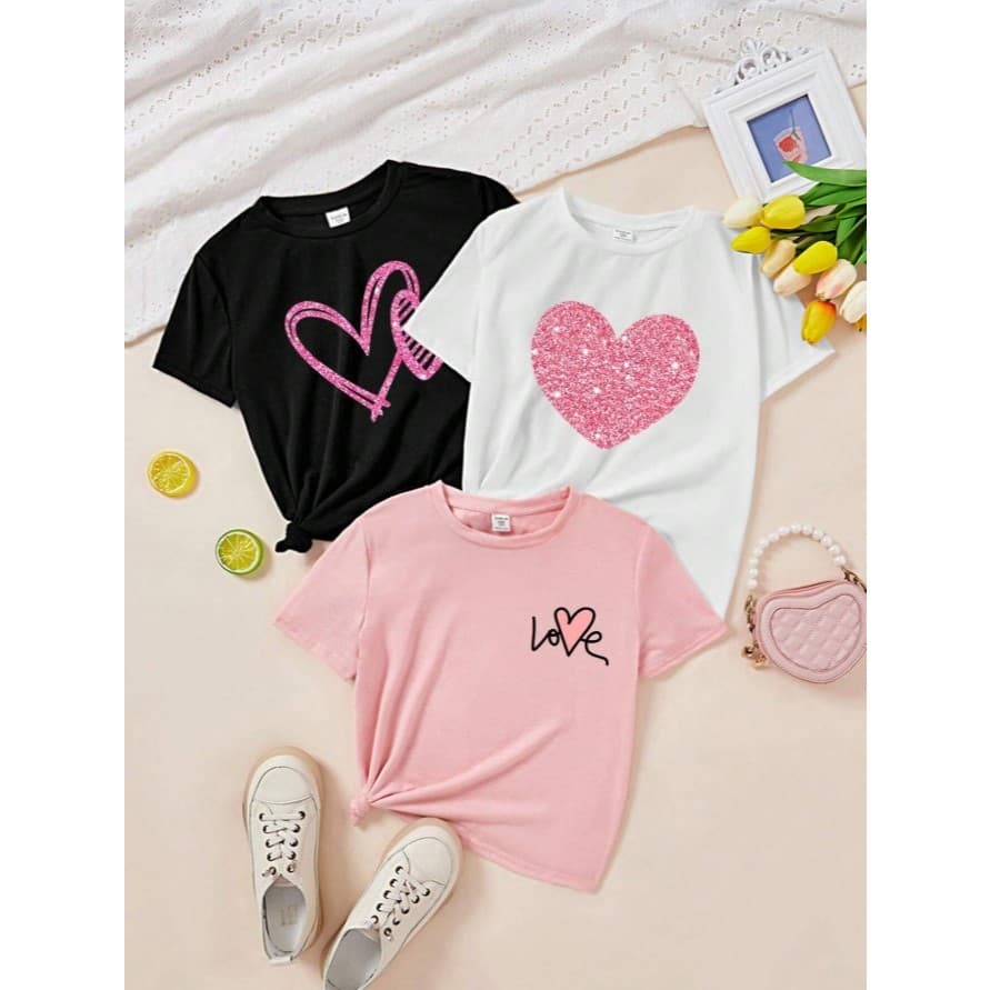 Kit 3 Tshirt Feminina Infantil Camiseta Básica Dia a Dia Coração Minimalista Blusa 100% Algodão