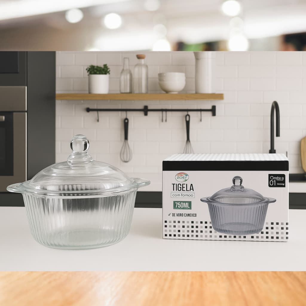 Terrina / Tigela Funda com Tampa de Vidro 750ml Vidro Canelado 15,3cm x 12,9cm - COSY