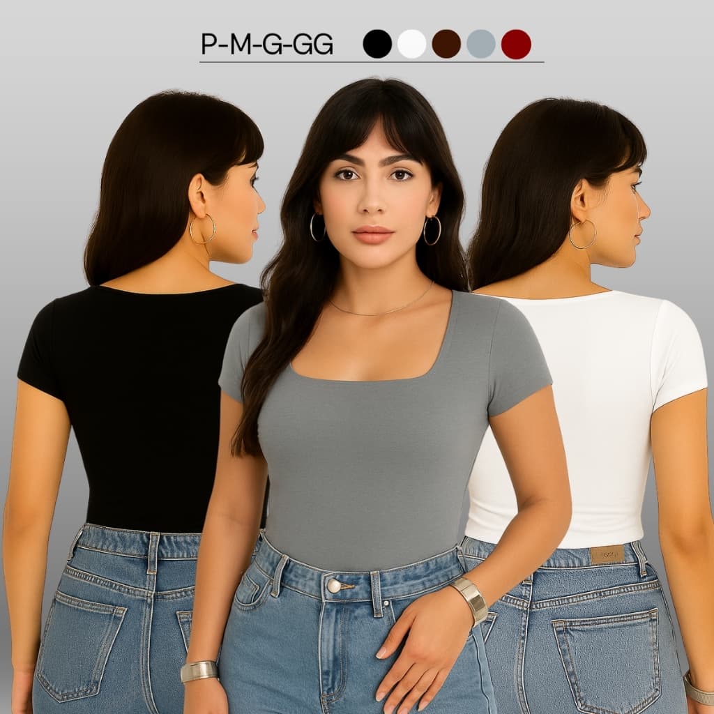 Blusa Manga Curta Feminina Decote Quadrado Babylook Básico Suplex Casual