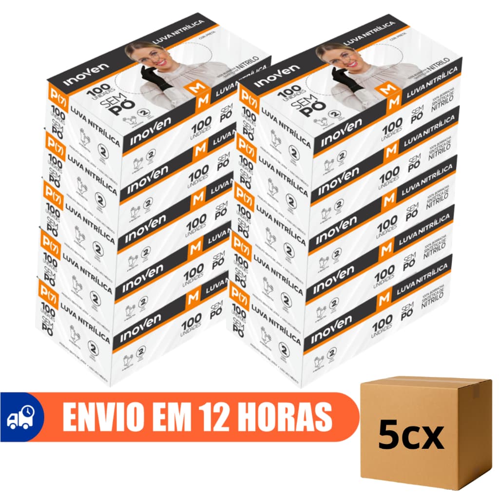 Luva Nitrílica Descartável Preta Sem Pó 500un Inoven