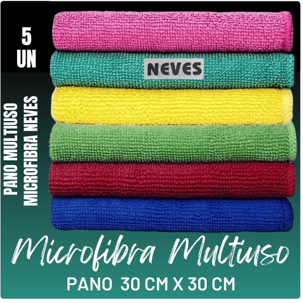 Kit com 5 - Pano Microfibra Flanela - 30 x 30cm - Neves - Multiuso - Limpeza Geral - Multicores