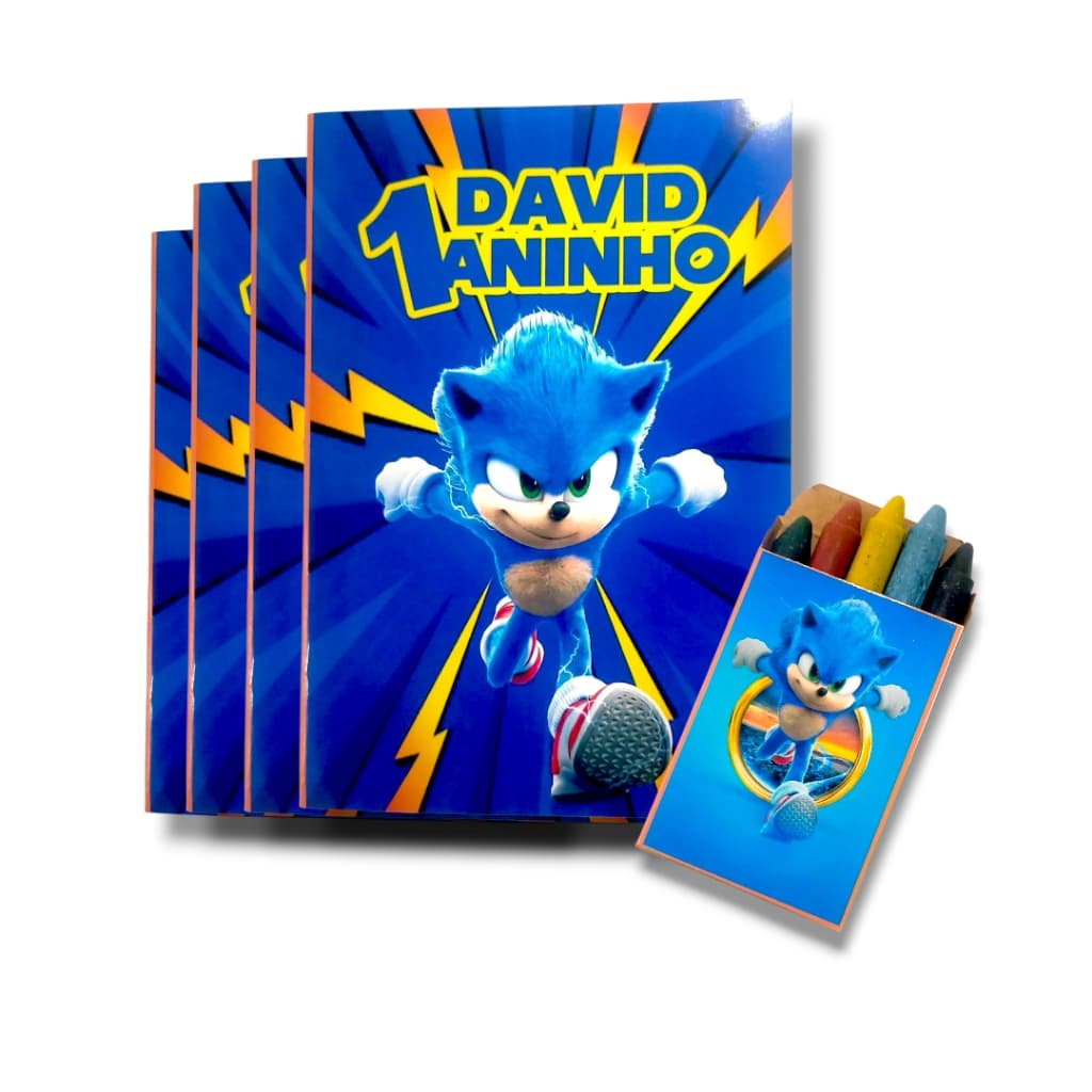 Livrinho de Colorir + Giz de Cera Personalizado Tema Sonic