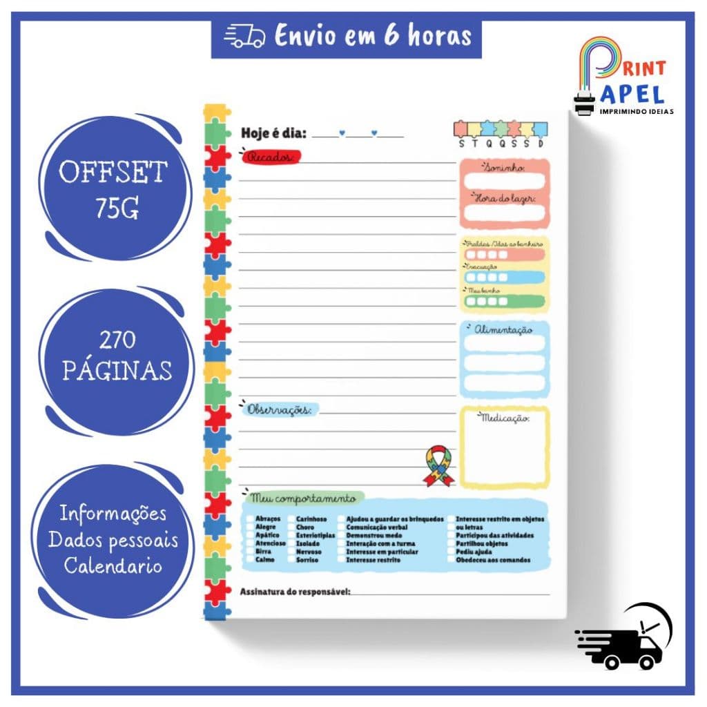 Miolo Agenda Escolar Autista A5 | 270 Folhas | Papel 75g | Pronto para Encadernação | Inclusiva e Funcional