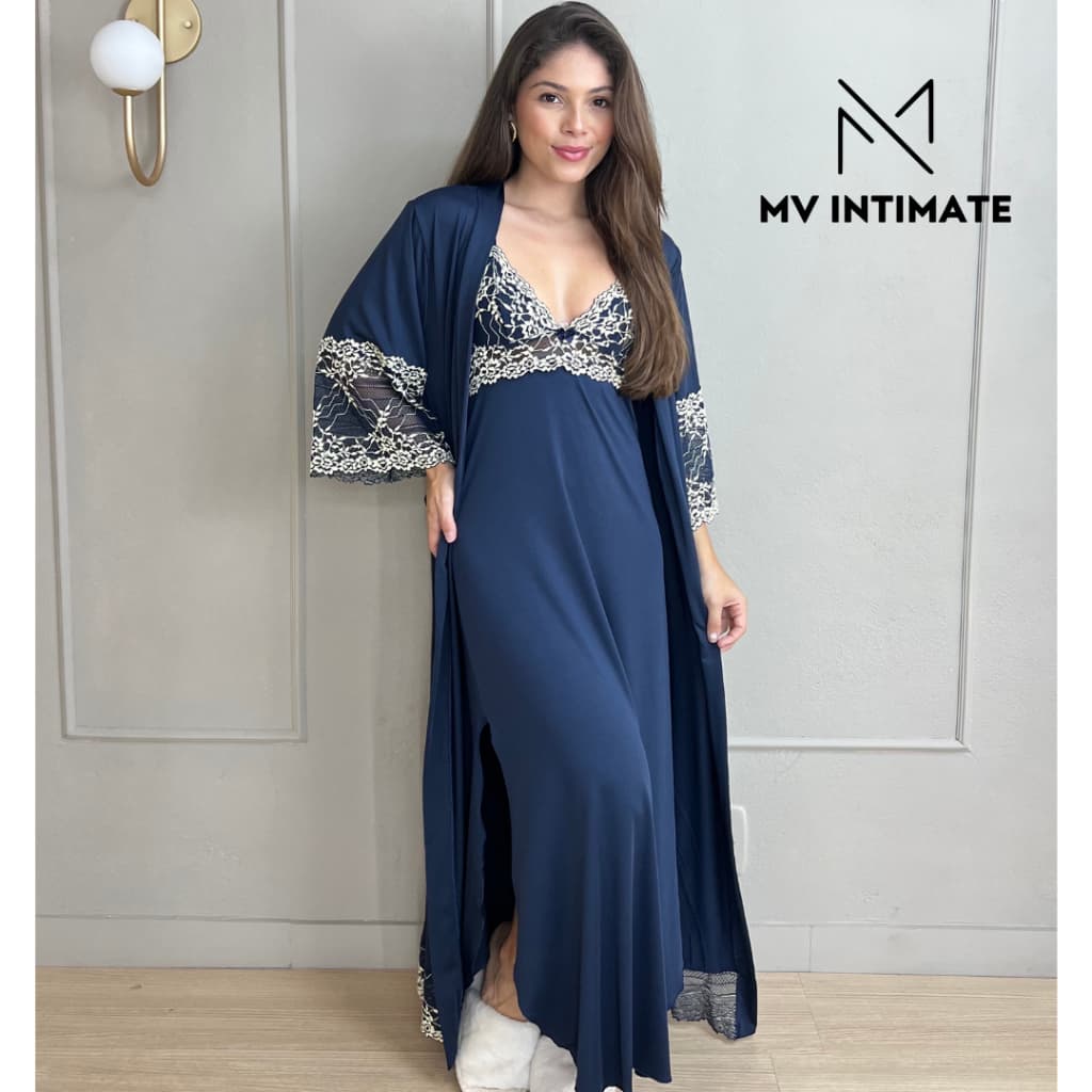 Kit de Robe e Camisola LONGOS sem Bojo de Microfibra Light Bicolor