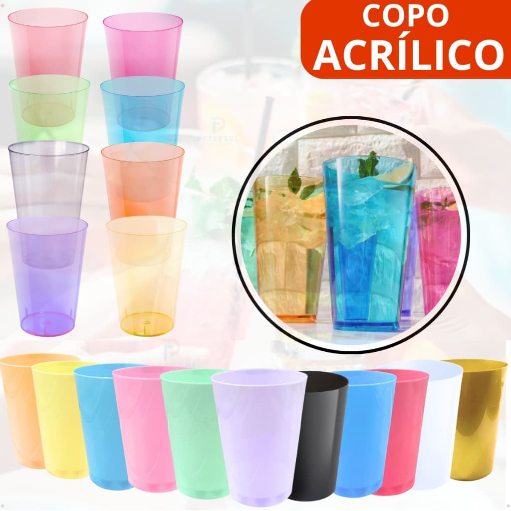 Kit 50 Copos Acrilico 200ml Descartavel Plástico Lavavel Neon Colorido Festa Aniversario Eventos Dourado Refrigerante