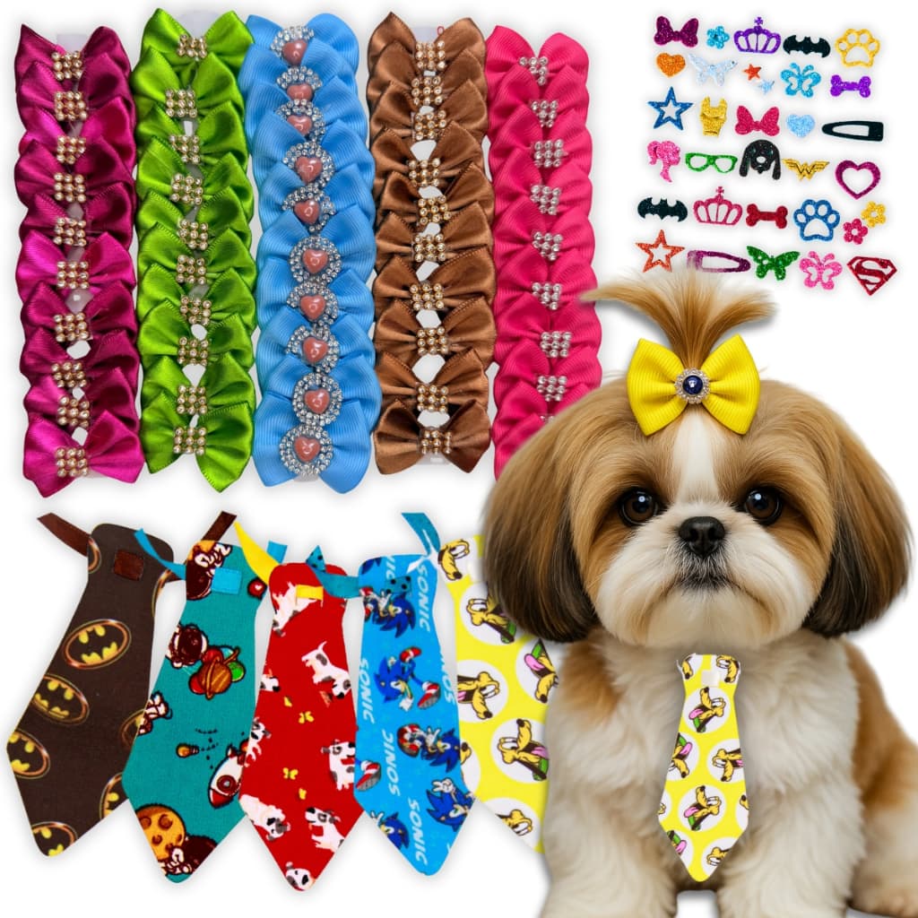 Combo Pet Shop Laços Gravatas e Adesivos para Cães e Banho e Tosa