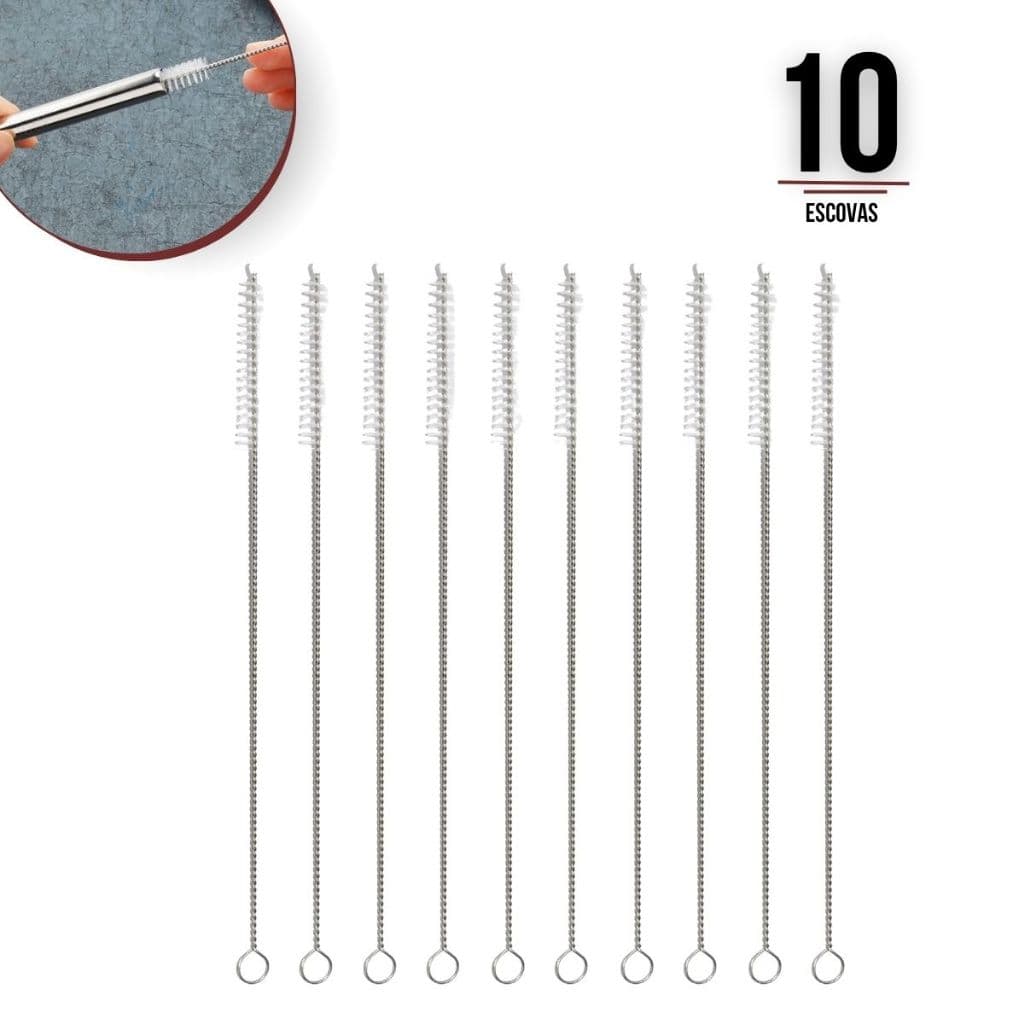 Kit 10 Escovas P/ Limpeza Profunda De Canudo Escovinha Inox Ecológica Higiênica Cerda Macia Flexível