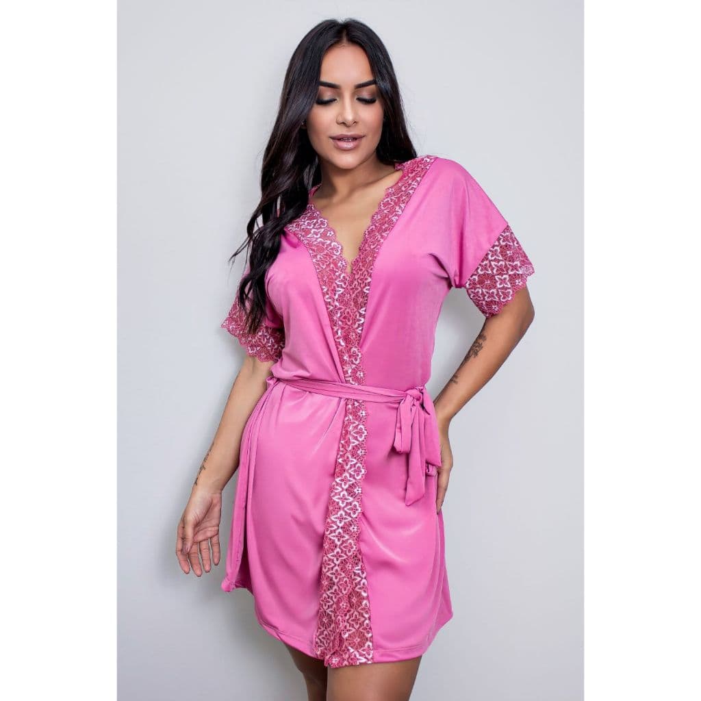 Robe Roupão Luxo Com Detalhes em Renda Elegante Microfibra Feminino Kimono Com Cinto Pijama sem Lingerie