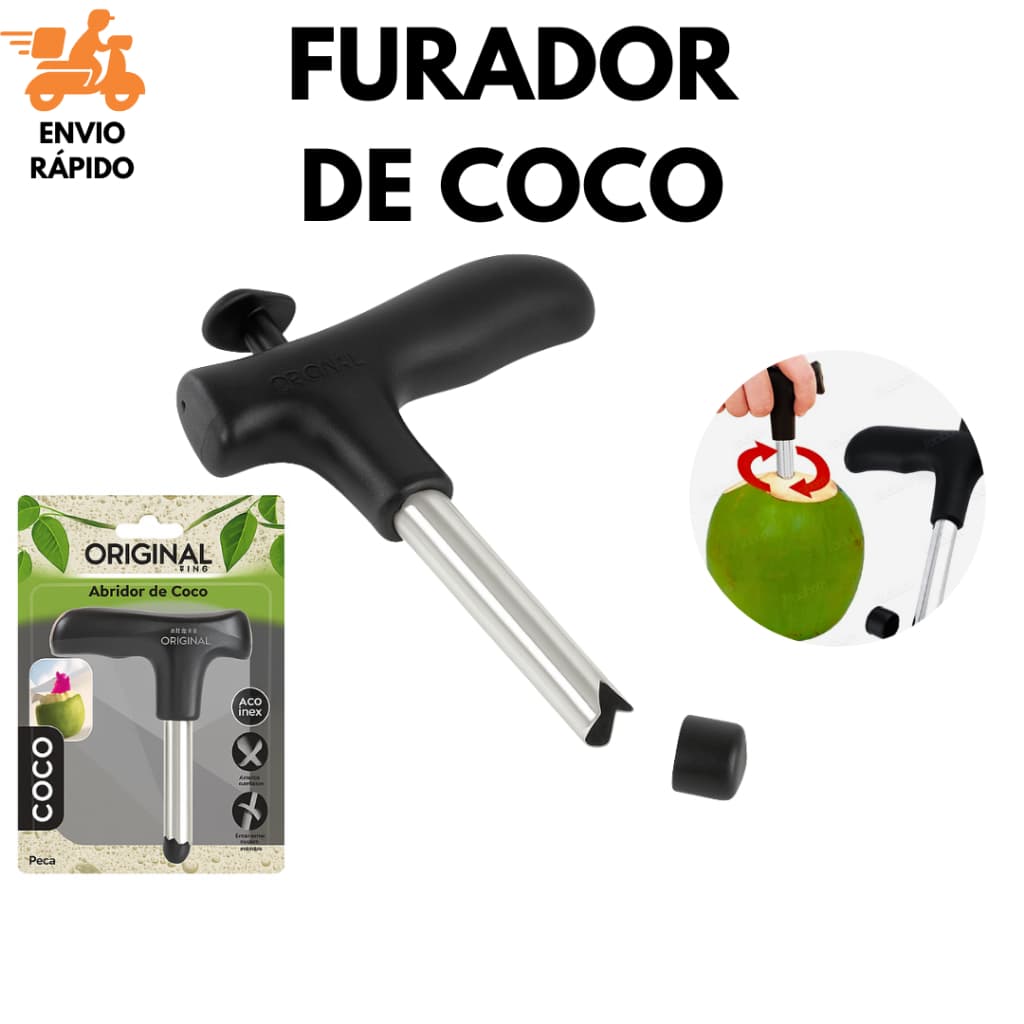 Furador  E Abridor De Coco Em Aço Inox Manual Pratico Fácil Haste Removível 12cm