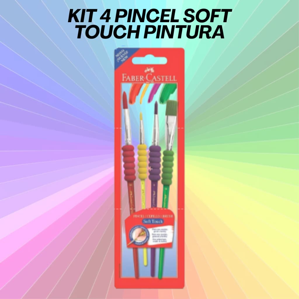 Kit 4 Pincéis para Pintura Soft Touch Faber-Castell Verde Vermelho Roxo Amarelo