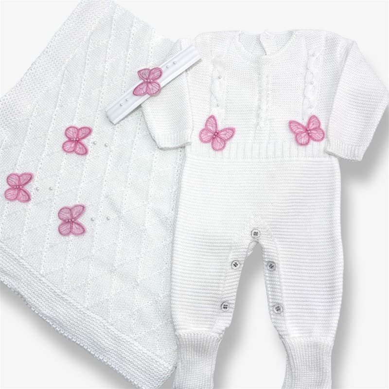Saída Maternidade Luxo Menina Borboletas – Macacão com Virapé, Faixa e Manta Opcional - Tricô Bebê