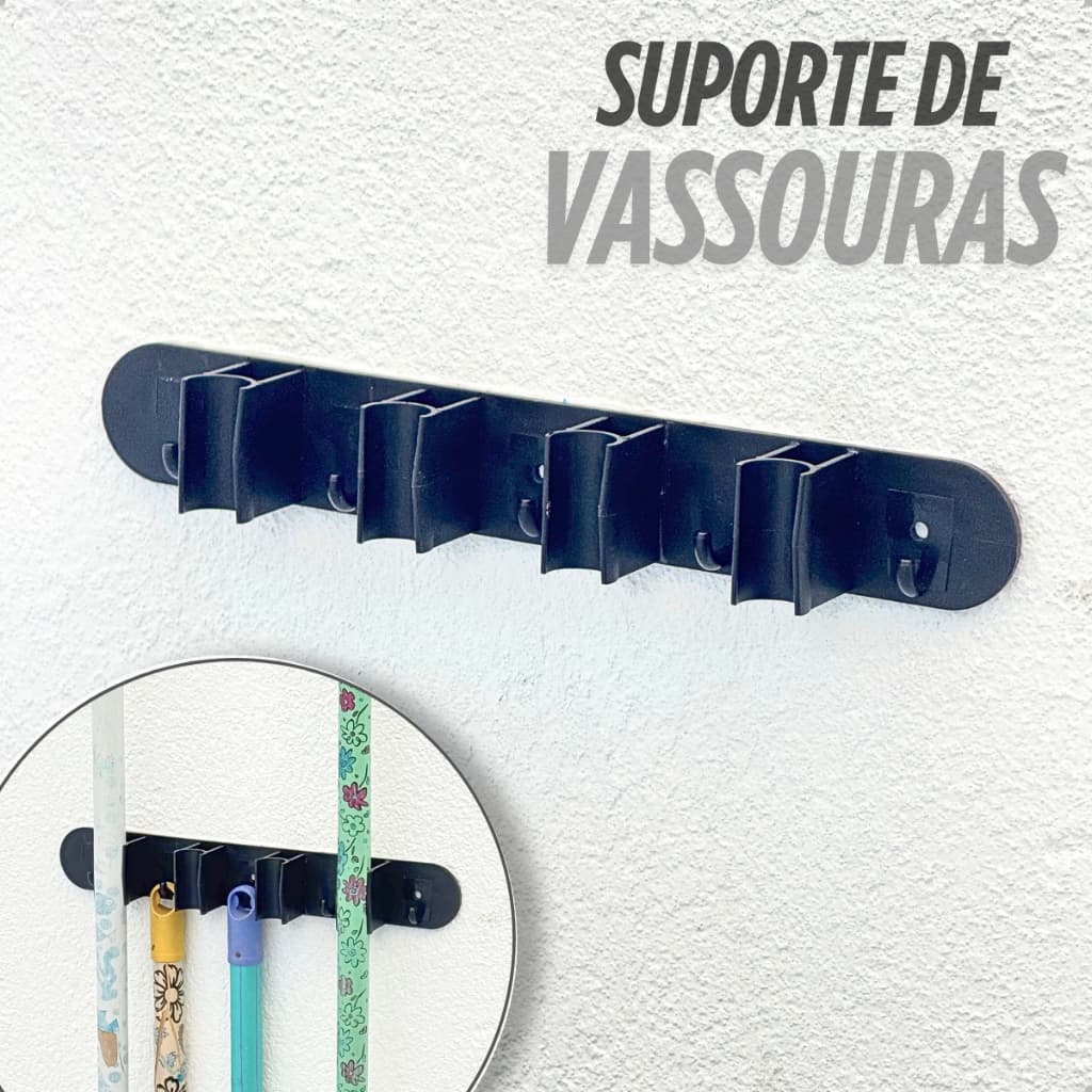 Suporte Organizador De Parede Para Vassouras Rodo Com Ganchos Resistente Porta Vassouras