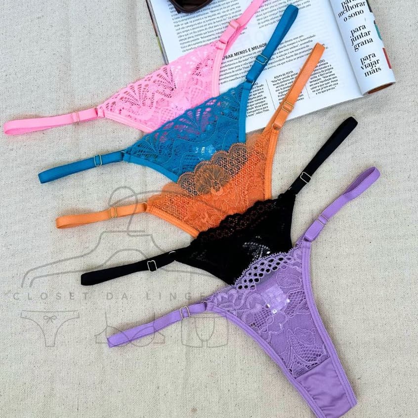 Kit 5 Calcinhas Renda Microfibra Fio Duplo Empina Bumbum com Regulagem Lateral Lingerie Moda Intima