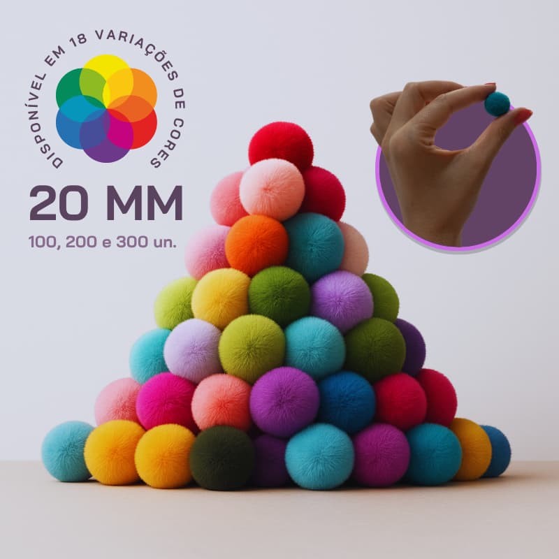 Kit Pompom de poliéster 20mm com 100, 200, 300 e 500 unidades bolinha diversas cores
