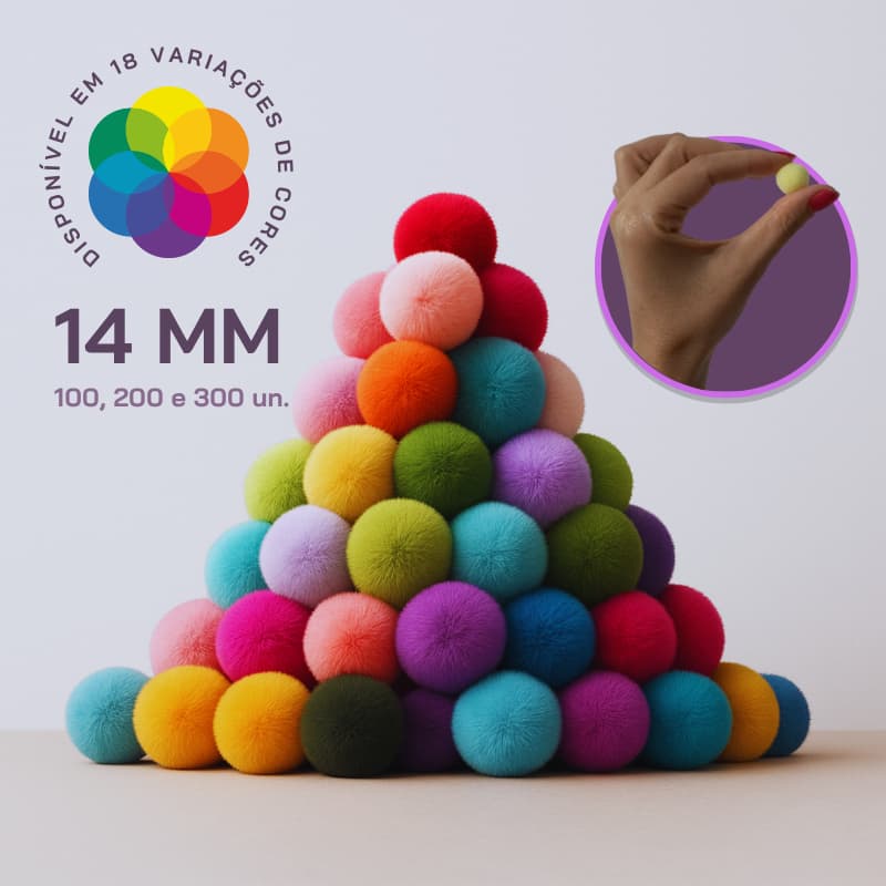 Kit Pompom de poliéster 14mm com 100, 200, 300 e 500 unidades bolinha diversas cores