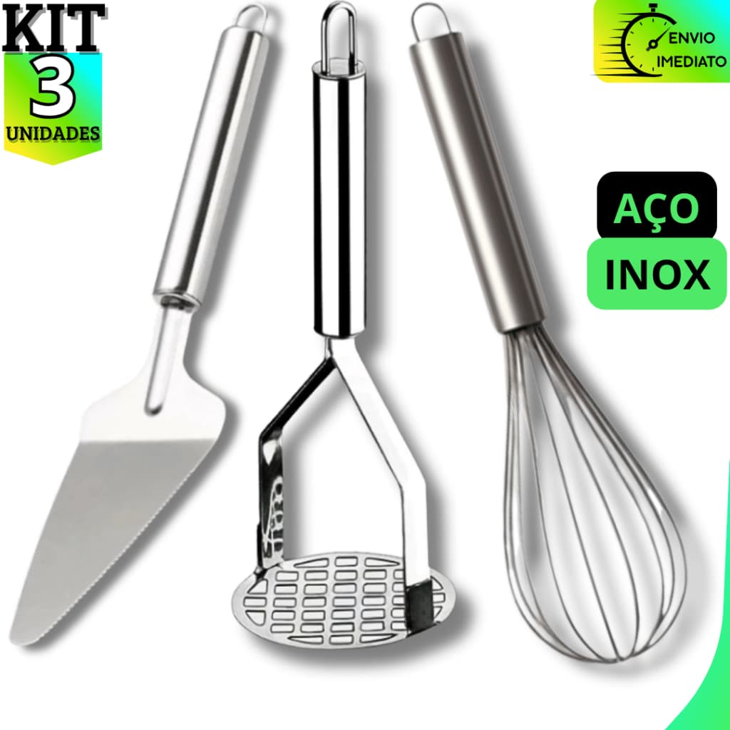 KIT Cozinha Inox 3 Peças | Amassador de Batatas Inox, Fouet , Espátula de Bolo Utensílios Domésticos