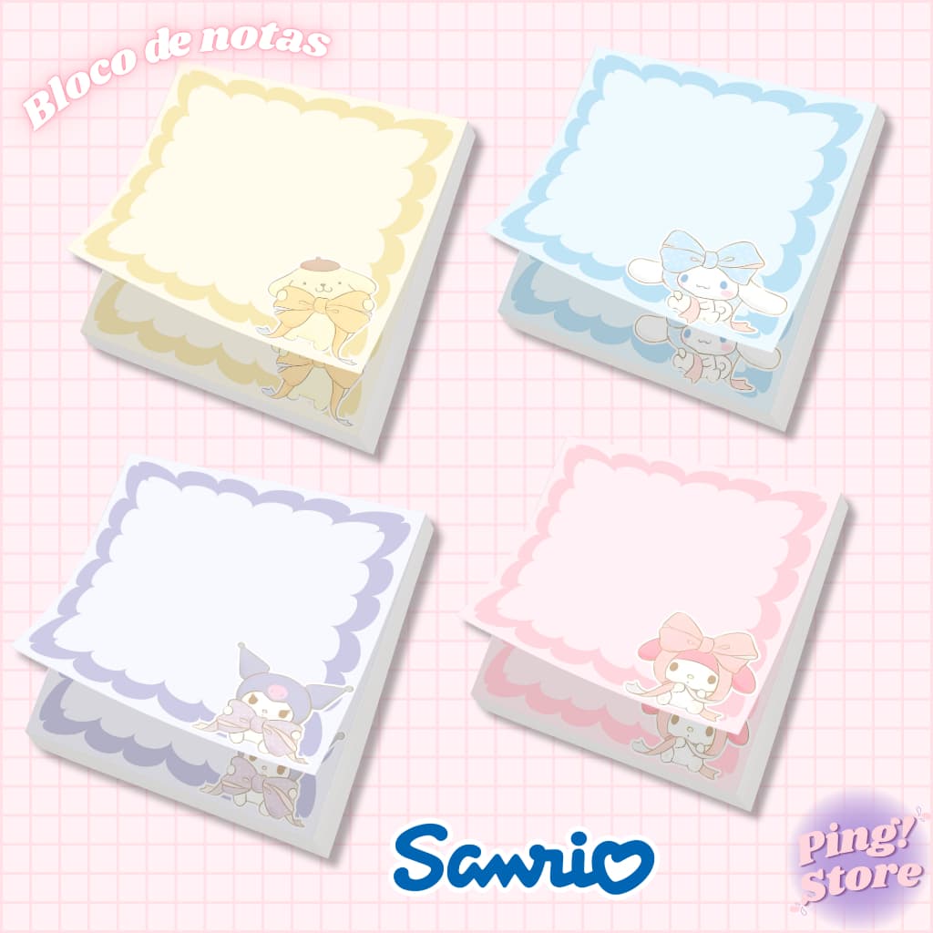 Bloquinho de Notas - 50 folhas - Bloco Coleção Sanrio Pompompurin, My Melody, Kuromi, Cinnamoroll - Memo Pad Kawaii
