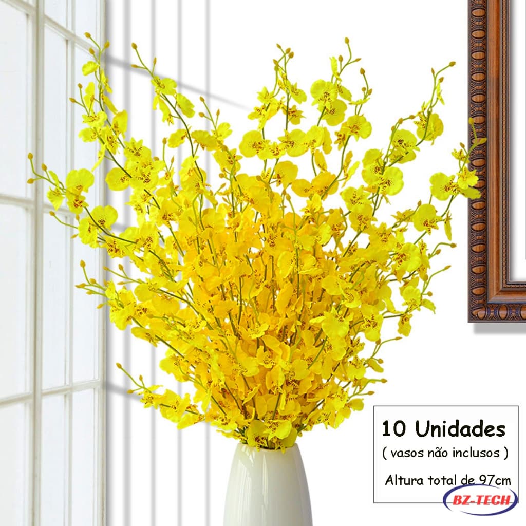 Kit 10 Flores Artificiais Ramo De Chuva De Ouro De Orquídea Cerejeira Decoração Festas Casamento