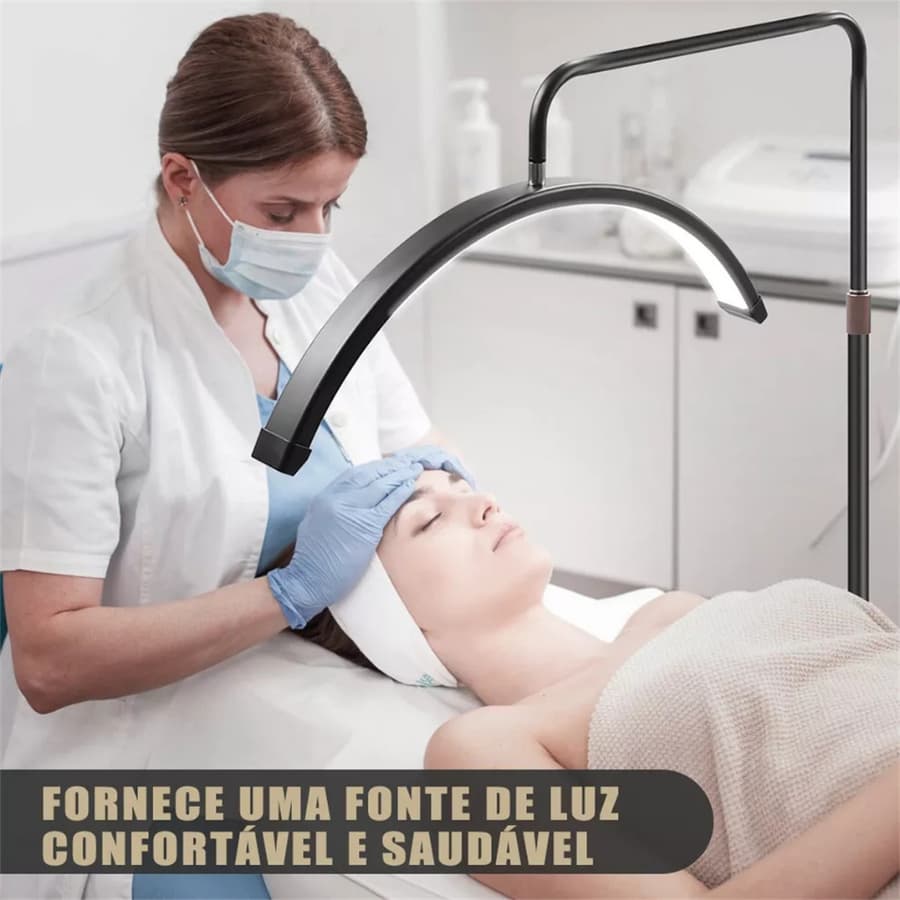Luminária Meia Lua LED Profissional: Luz Fria/Quente, Altura & Brilho Ajustáveis para Beleza-F16