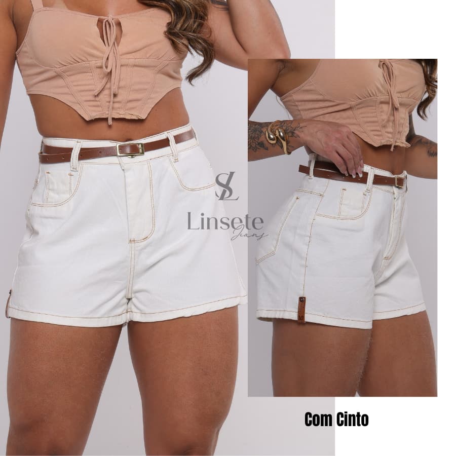 Short Jeans Feminino Off-White Com Barra Cintura Alta