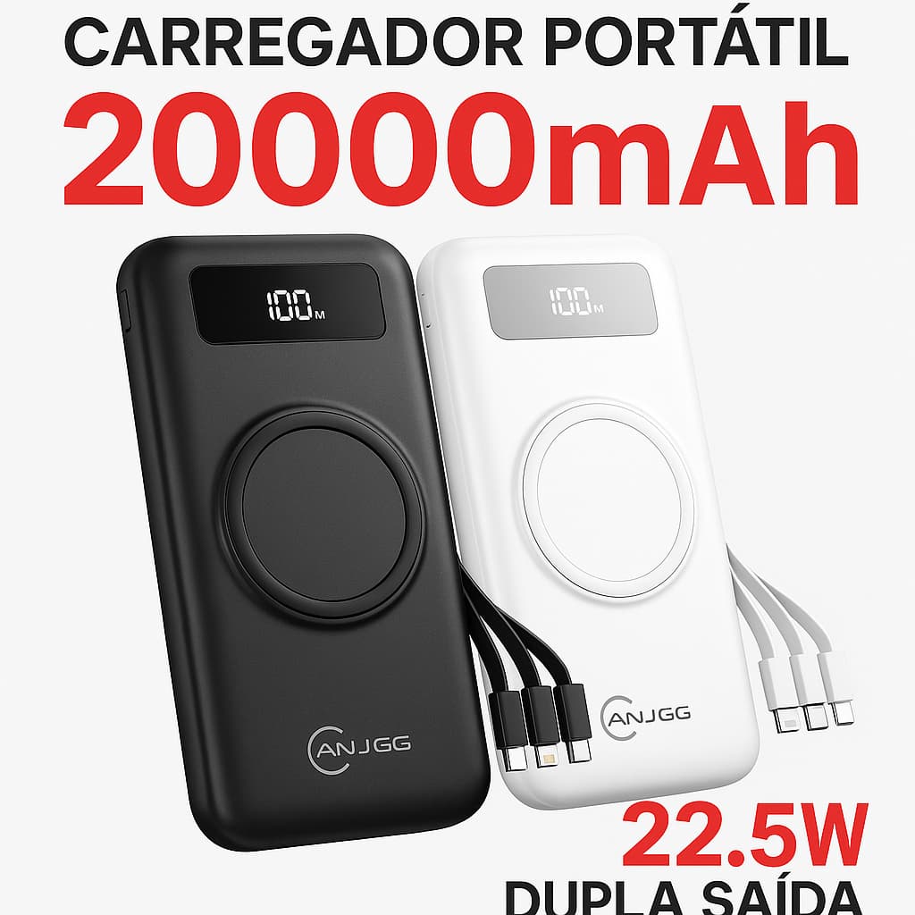 Carregador Portátil 20000mAh  e 10000mAh 22.5W com 4 Cabos e Carregamento Sem Fio - Carrega todos os aparelhos
