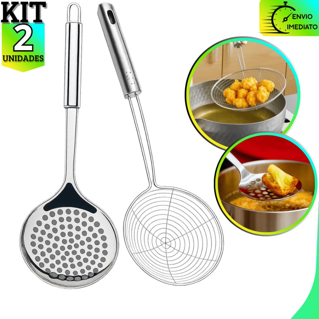 Kit 2 Escumadeiras Inox | Aramada Resistente p/ Cozinha e Fritura em Aço Inoxidável Premium