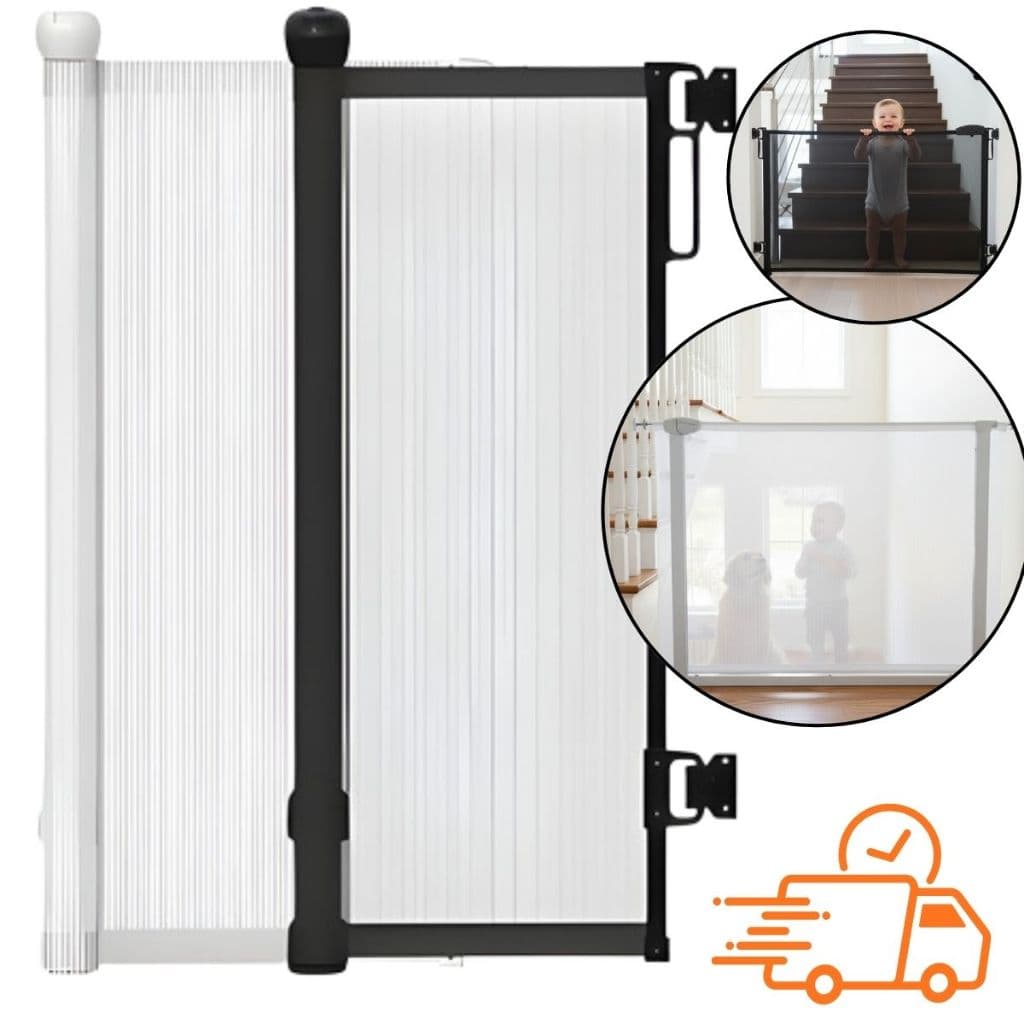 Portão Tela Segurança Automático Bebês Pets Retrátil Cercadinho Porta Grade 180cm Escada Porta